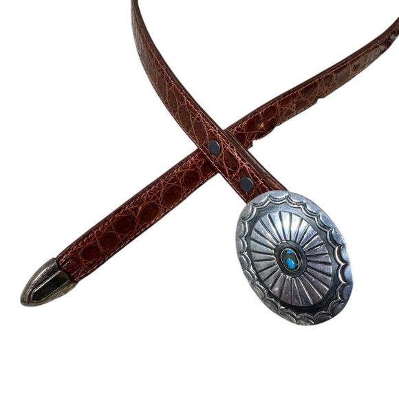 Vintage Western Concho Buckle Skinny Leather Belt 28 Brown Turquoise Stone Boho - Picture 3 of 8